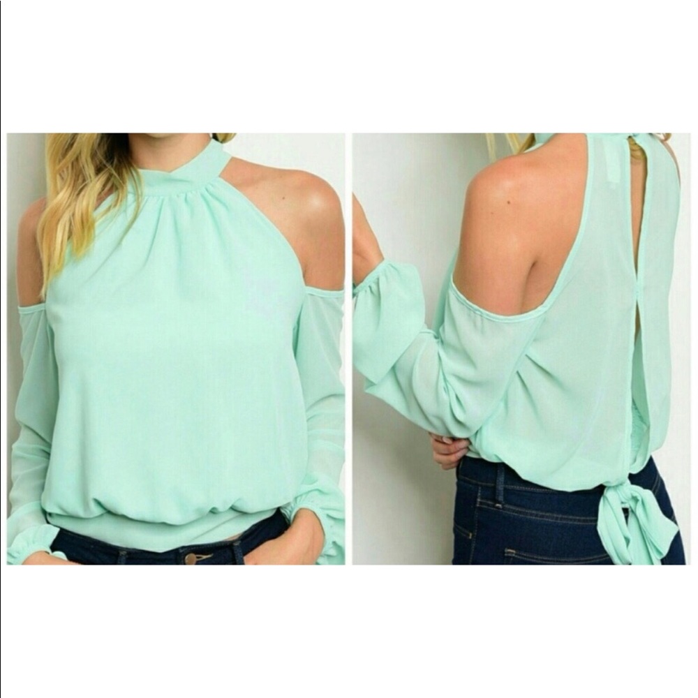 Mint cold shoulder blouse. - Picture 2 of 4